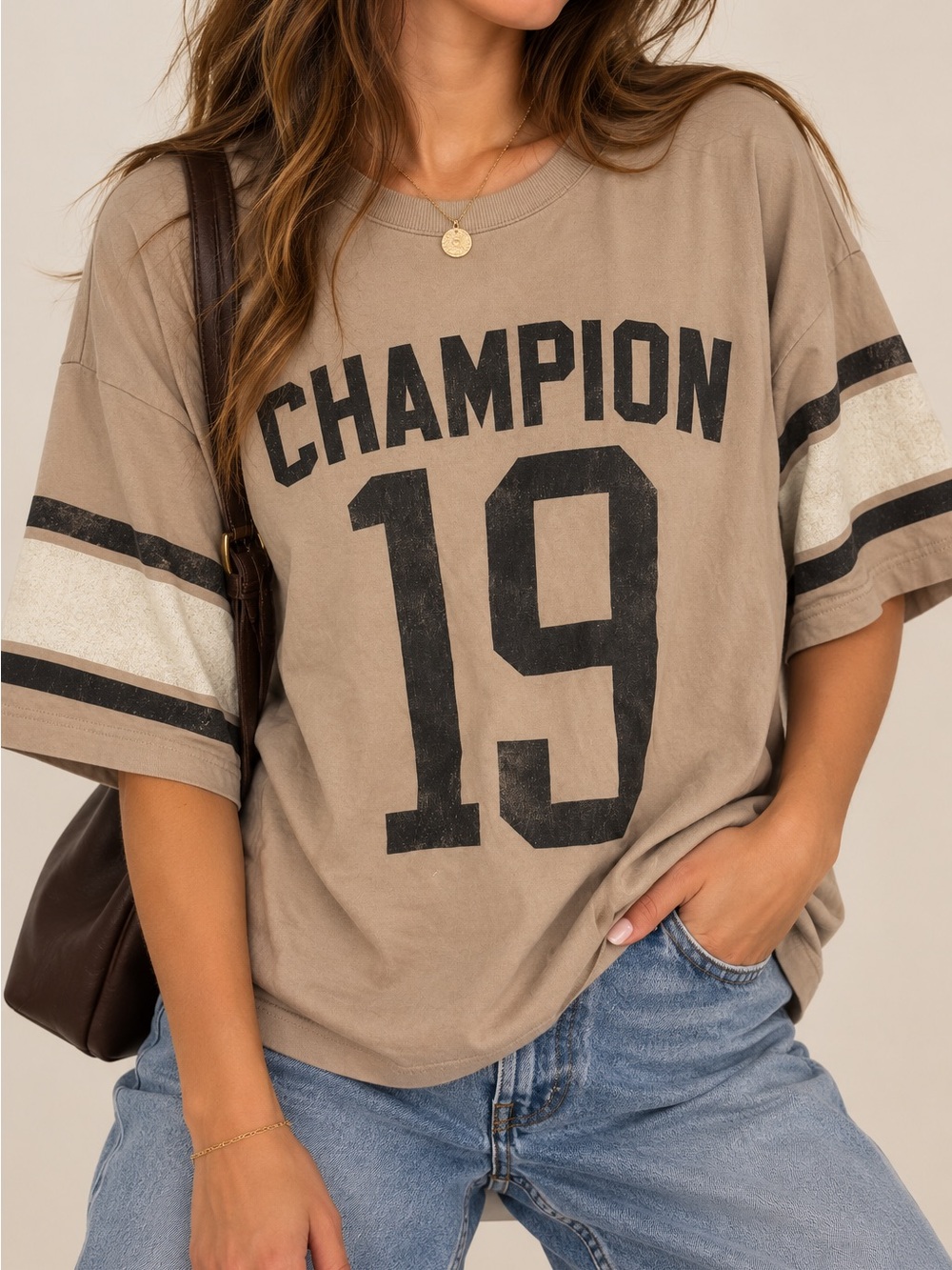 Champion Tan Graphic 19 Athletic Stripe Unisex T-Shirt Small